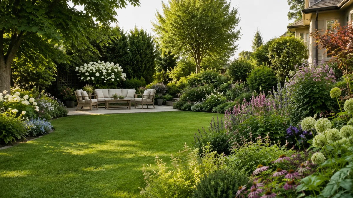 A landscaped yard with perennials and a cozy seating area