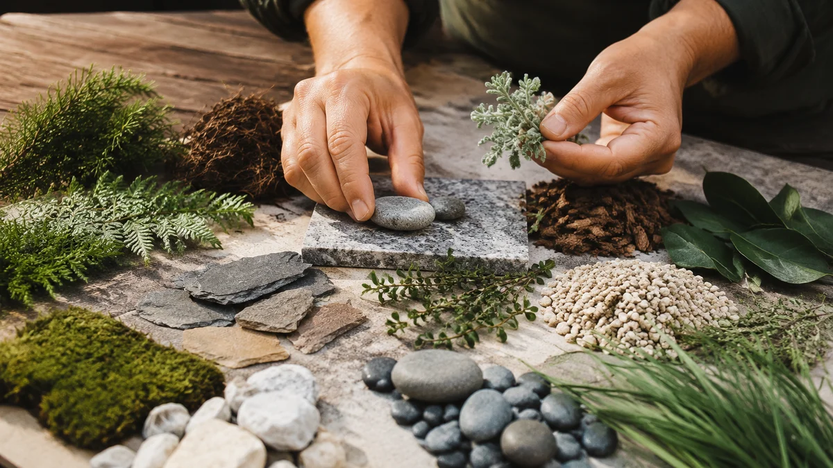 Hands arranging landscaping materials on a mood board