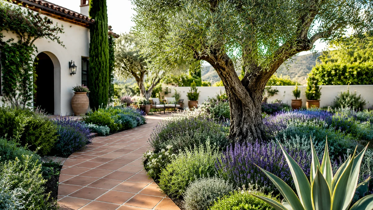 A Mediterranean style yard with terracotta pathways and olive trees