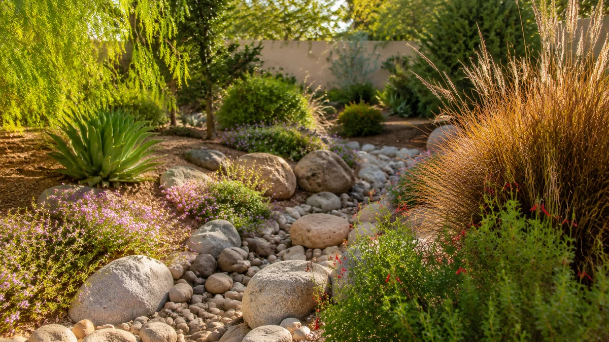 Sustainable landscape with native plants and a dry creek bed