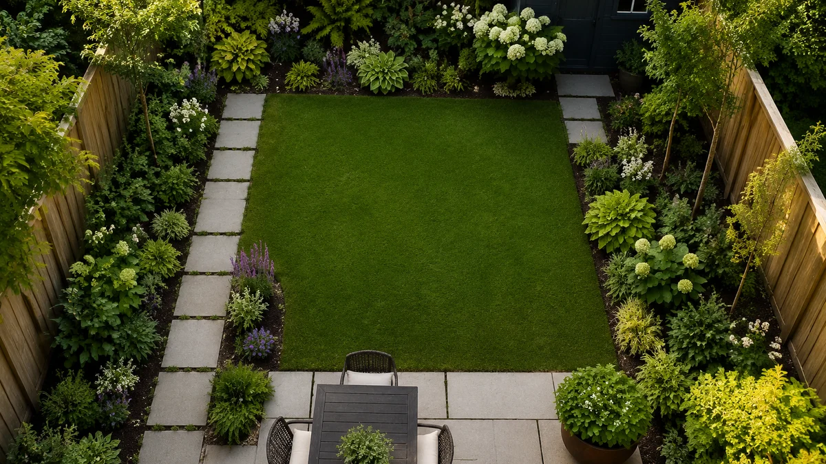 Overhead view of a backyard with well-spaced plants and balanced layout