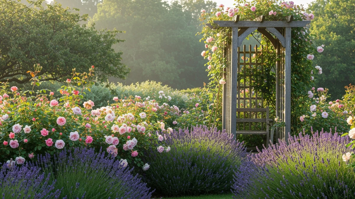 A charming cottage-style garden with abundant roses and lavender surrounding a rustic wooden arbor.
