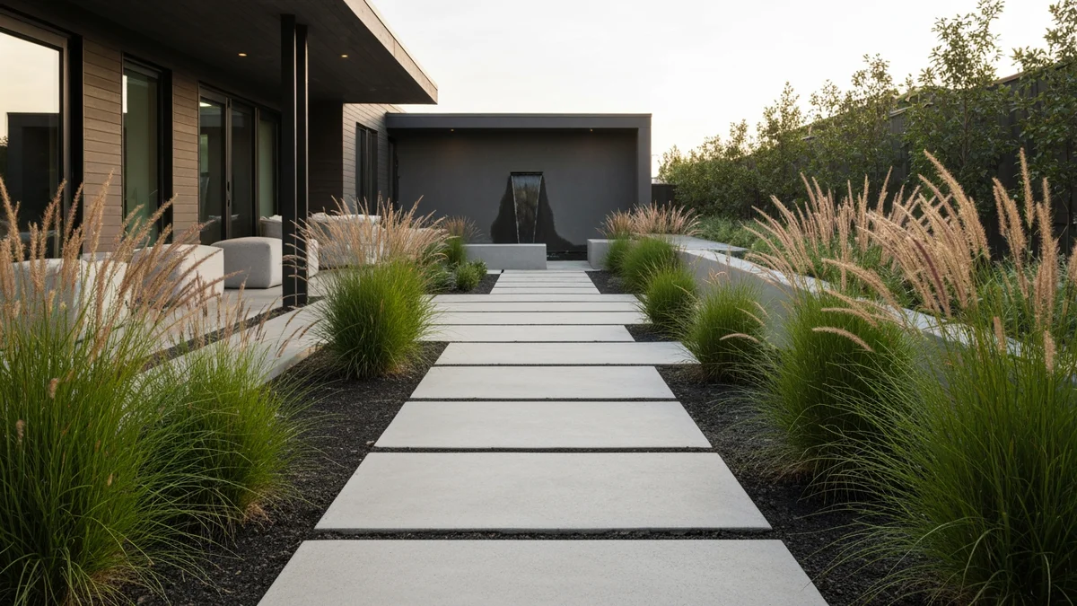 A modern backyard design with clean lines, concrete pavers, and ornamental grasses.