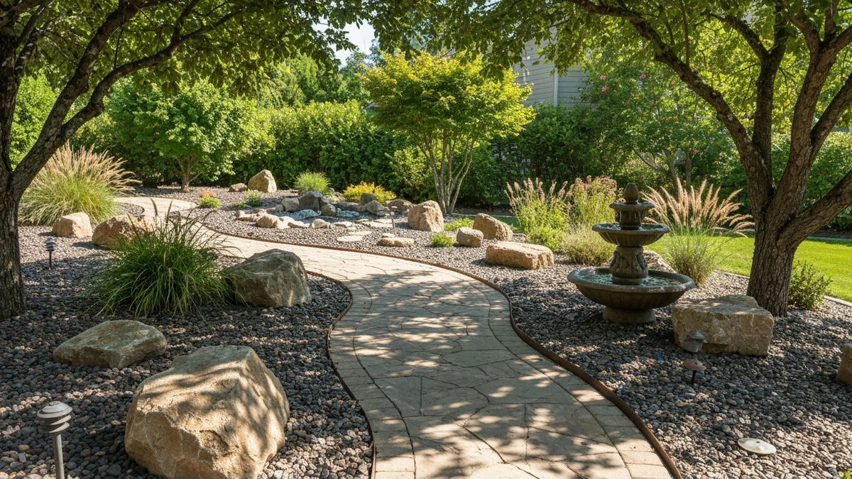 Artistic landscape with rocks, a stone pathway, and a decorative water fountain.