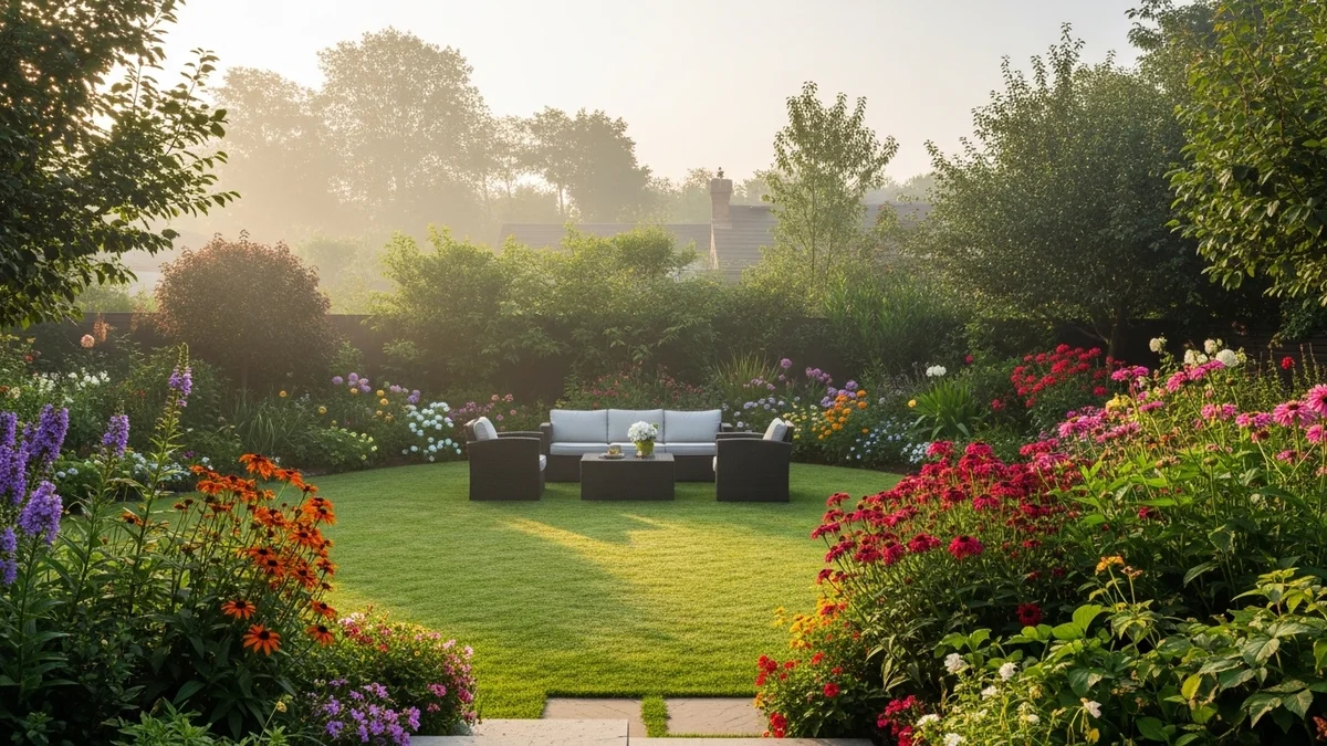 Serene backyard with seating area and vibrant flowers in morning light