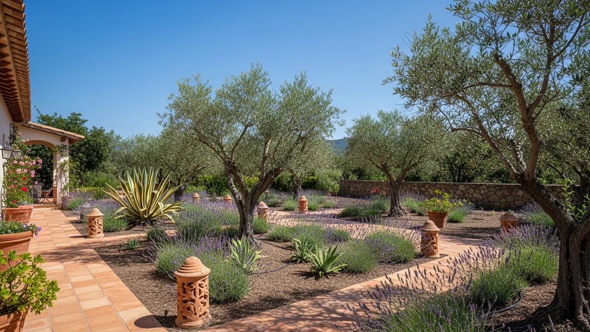 Mediterranean garden with terracotta paths and drought-tolerant plants