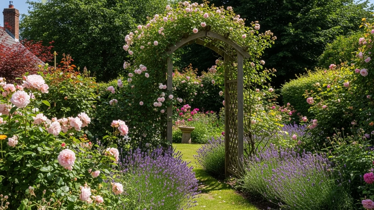 Cottage-style garden with roses, lavender, and a wooden arbor