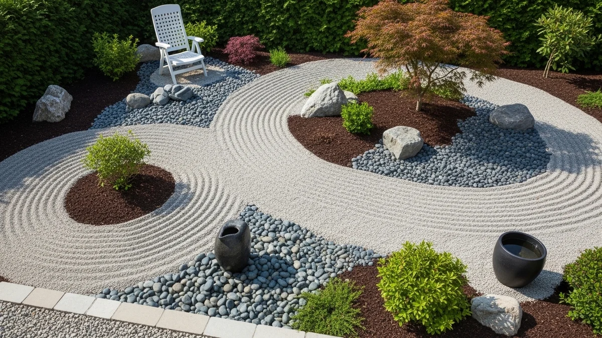 Zen garden with raked gravel and water feature from overhead view