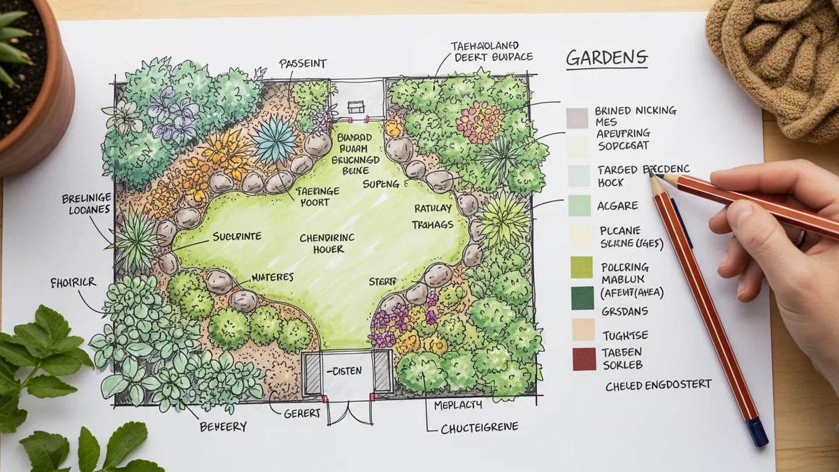 Hand-drawn landscape design sketch with plant labels and color samples