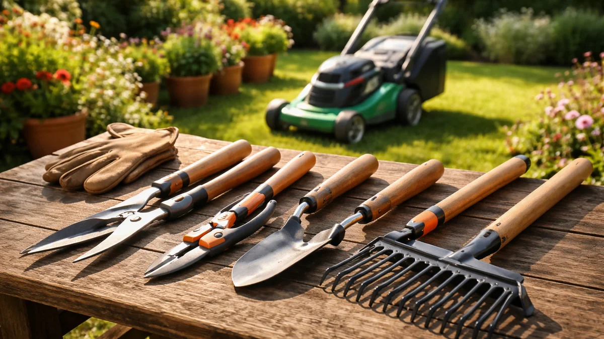 Gardening tools laid out on a wooden table