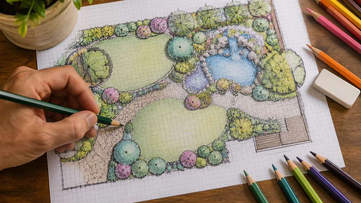 Hand-drawn landscaping plan on graph paper with colored pencils.
