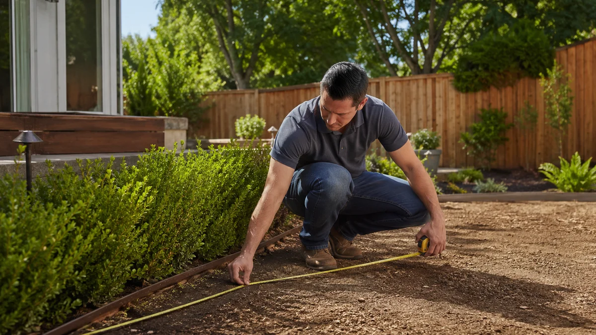 A person using a measuring tape in a backyard garden.