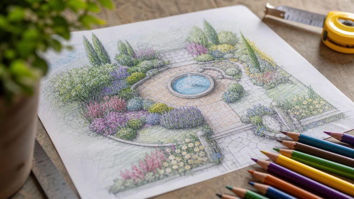 A hand-drawn garden layout sketch with colored pencils and measuring tape