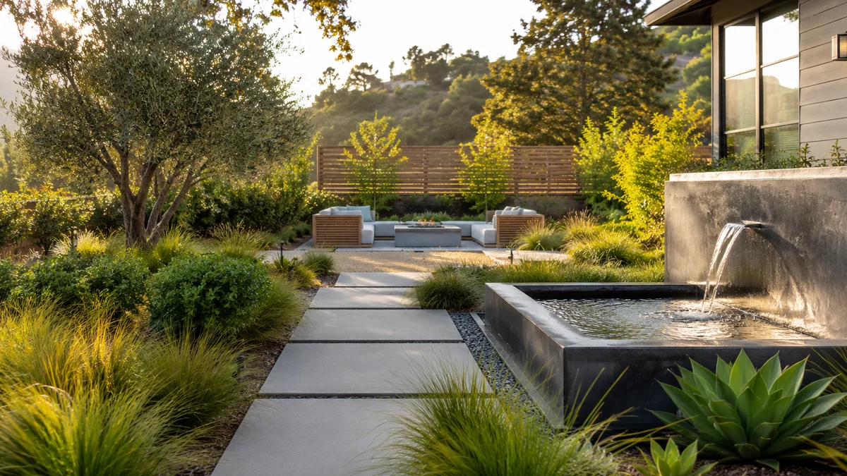 Modern backyard with concrete pavers and ornamental grasses