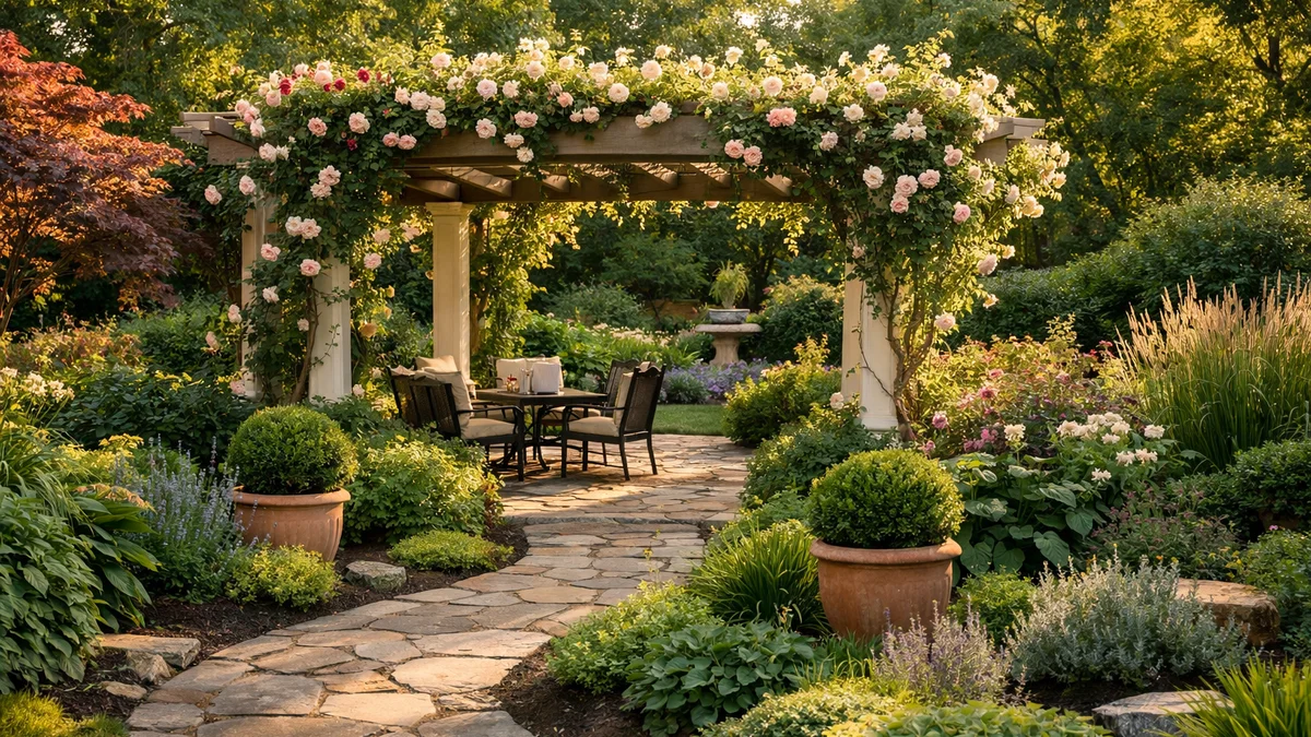 Transformed backyard with stone pathways and pergola