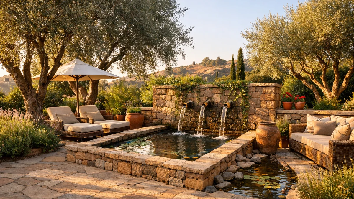 Mediterranean-style backyard with olive trees and stone patio