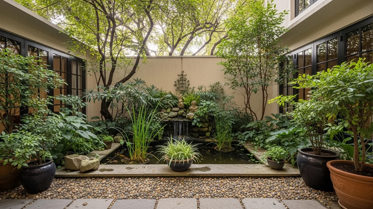A small courtyard oasis with a pond and potted plants