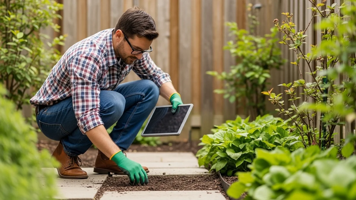 A gardener assessing soil quality in a small backyard with healthy plants