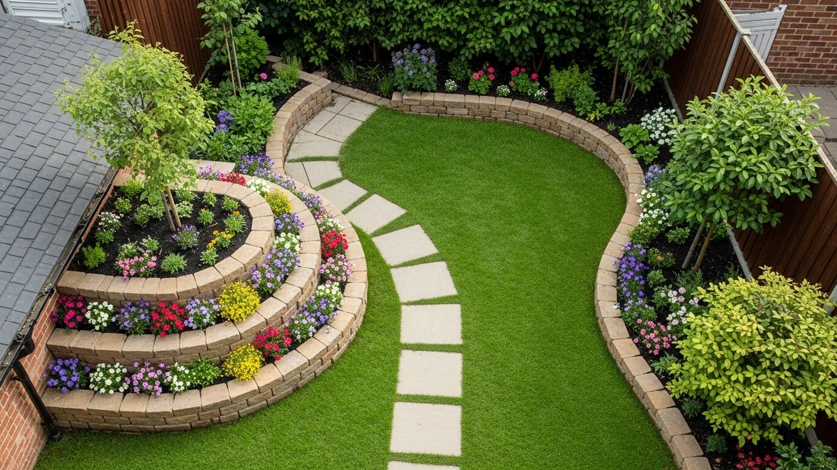 Overhead view of a small backyard with curved pathways and tiered planters