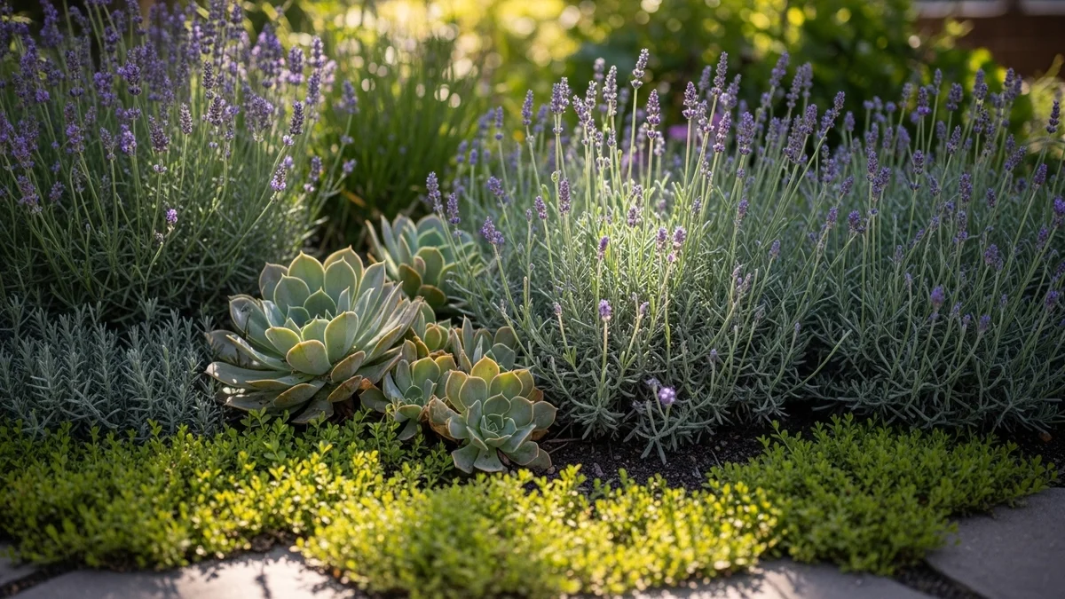 Drought-tolerant garden bed with succulents and lavender