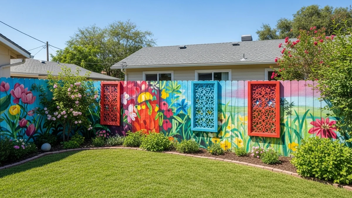 A small backyard fence with a painted mural and lattice panels