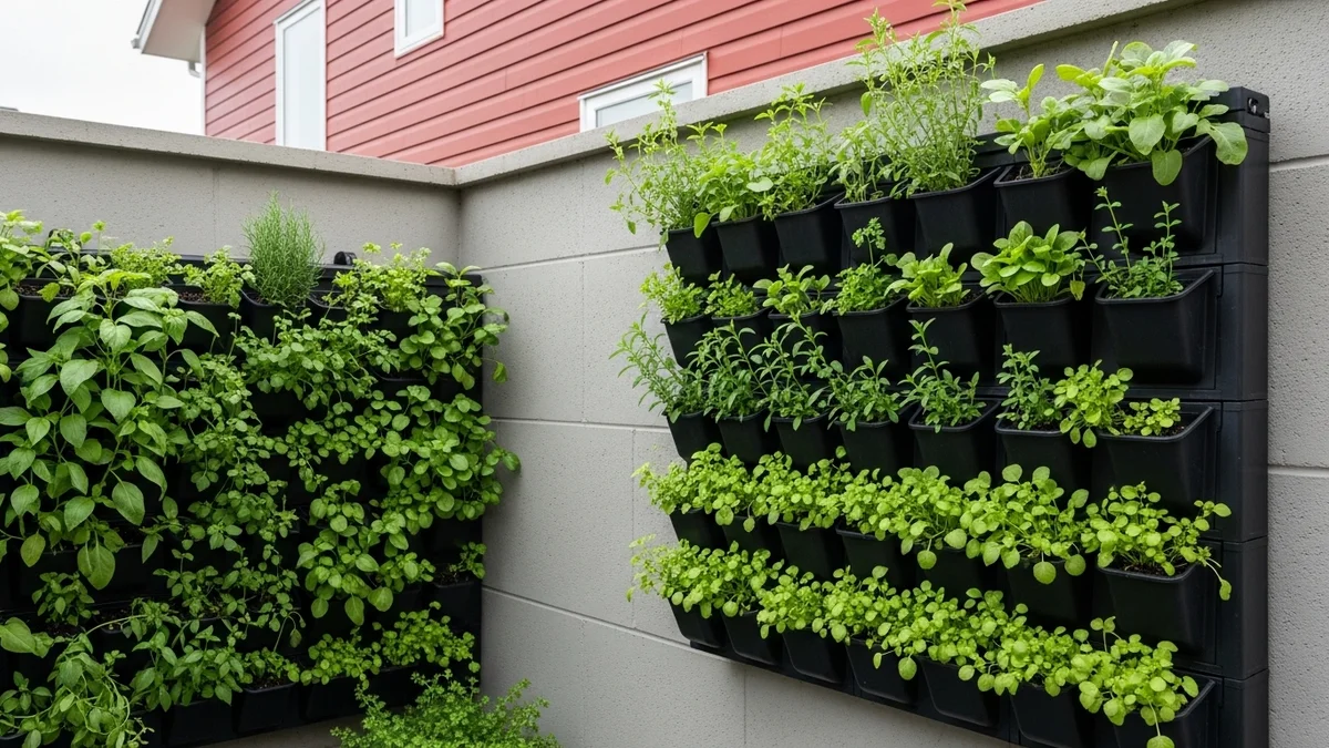 Vertical garden with herbs and greens on a backyard wall
