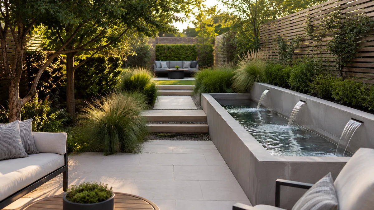 Modern small backyard with ornamental grasses and water feature