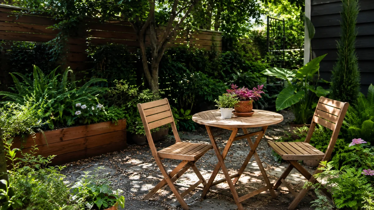Small backyard with foldable furniture and lush greenery
