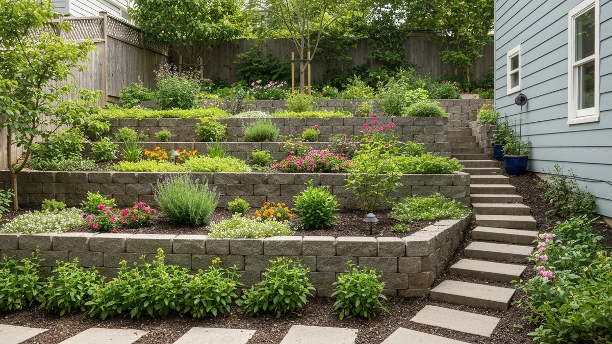 Terraced garden with stepping stone pathway in a small backyard