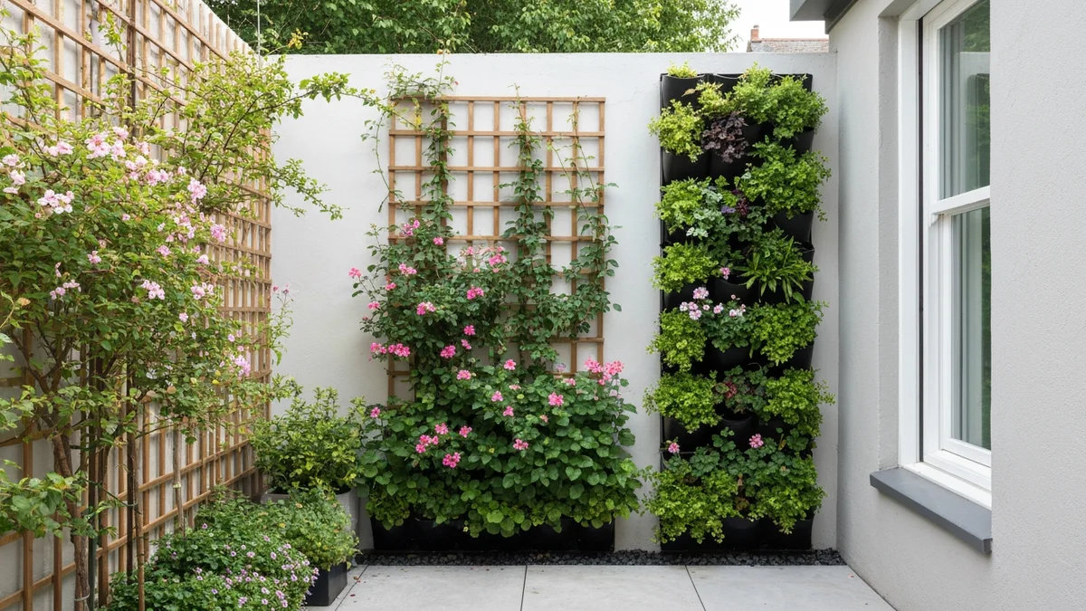 Vertical garden with flowering plants and foliage on a wall
