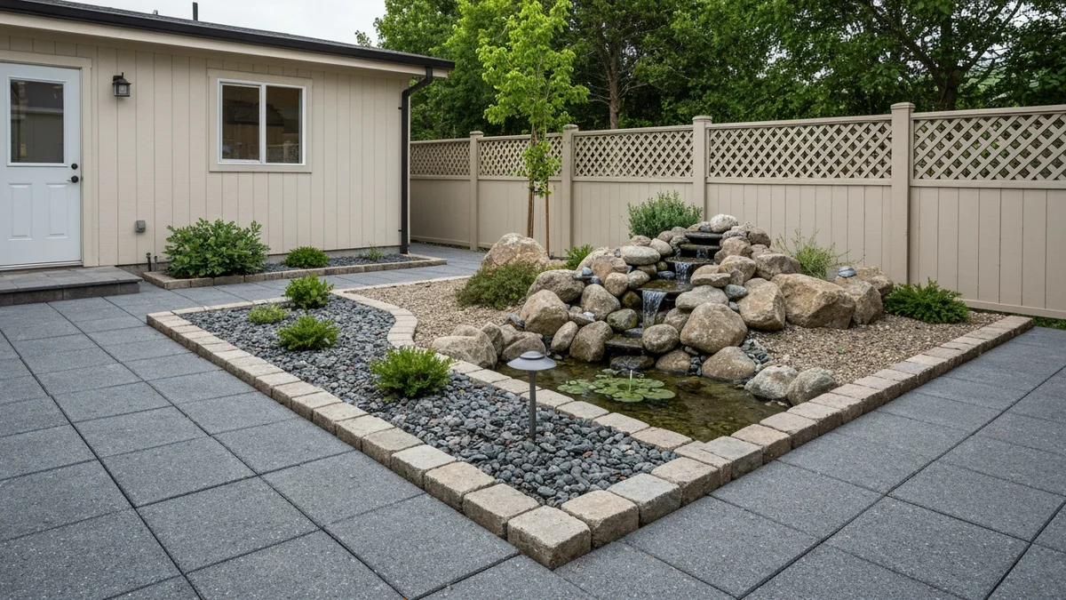 Small backyard with creative hardscaping, rock garden, and water feature