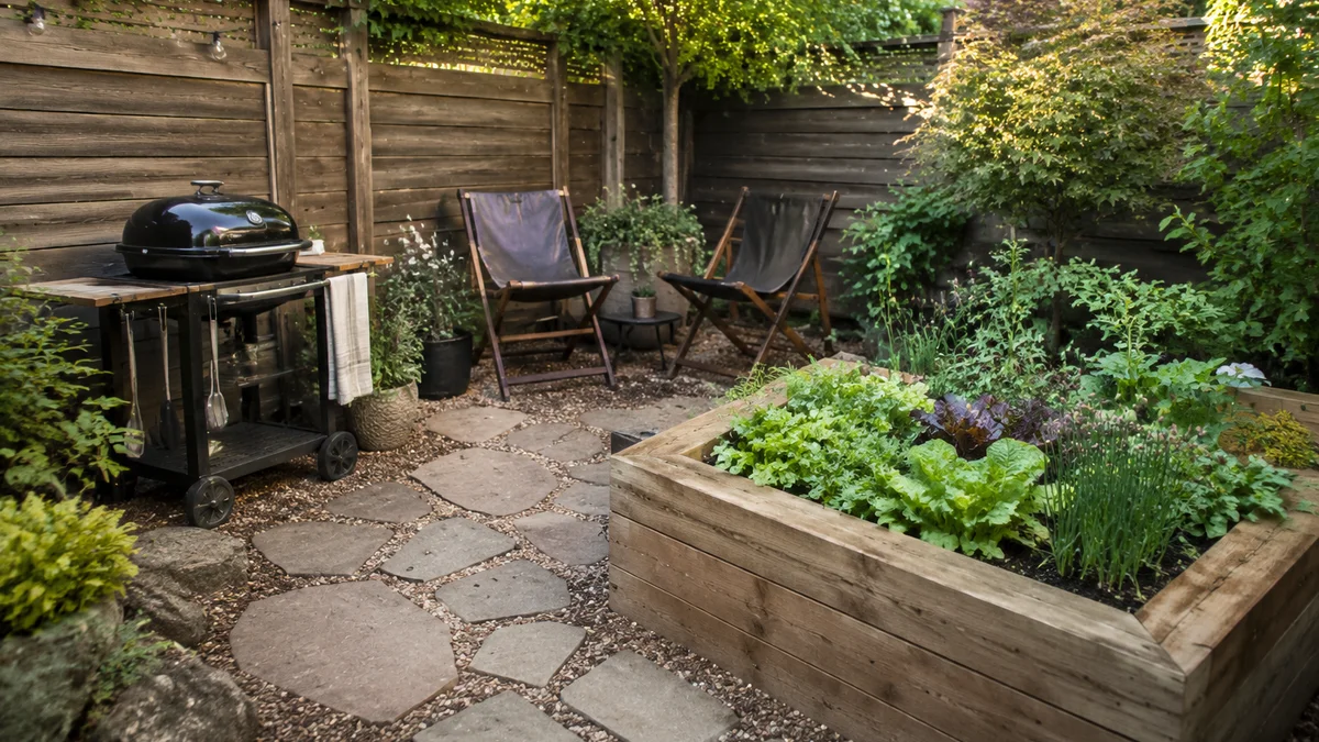 A small backyard with multiple zones including a grilling station, seating area, and garden bed connected by flagstone pathways.