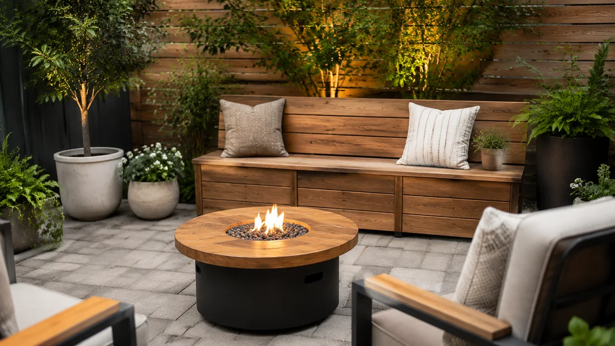 A small backyard featuring a multi-functional bench with storage and a convertible fire pit.