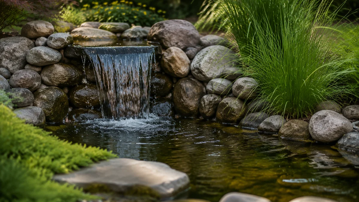 A small backyard pond with a waterfall surrounded by river stones and grasses.