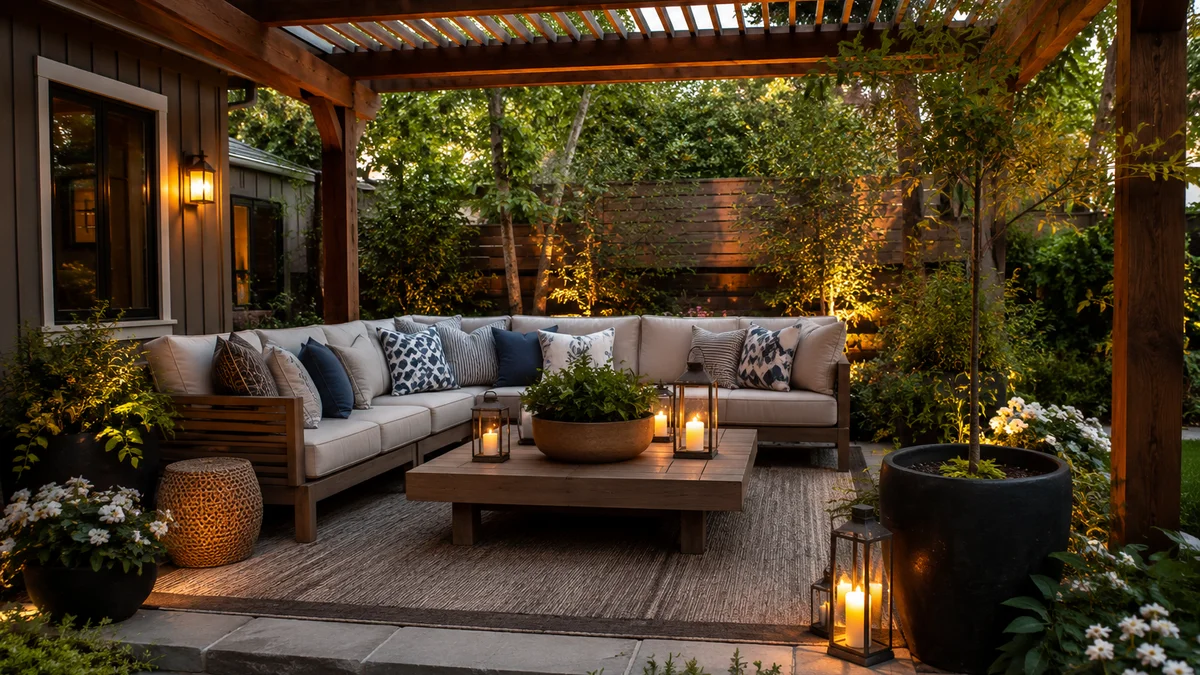 A small backyard designed as a cozy outdoor living area with cushions, a rug, and a pergola.