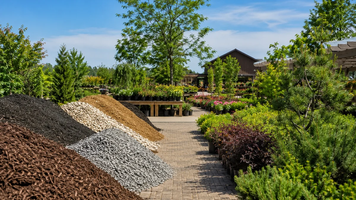 Rows of landscape supplies including mulch and stone at a garden center.