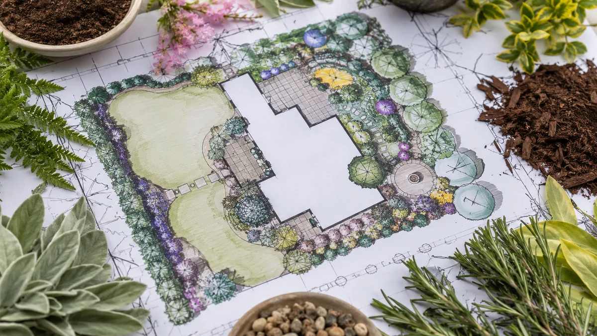 A hand-drawn landscape design sketch with soil and plant samples.