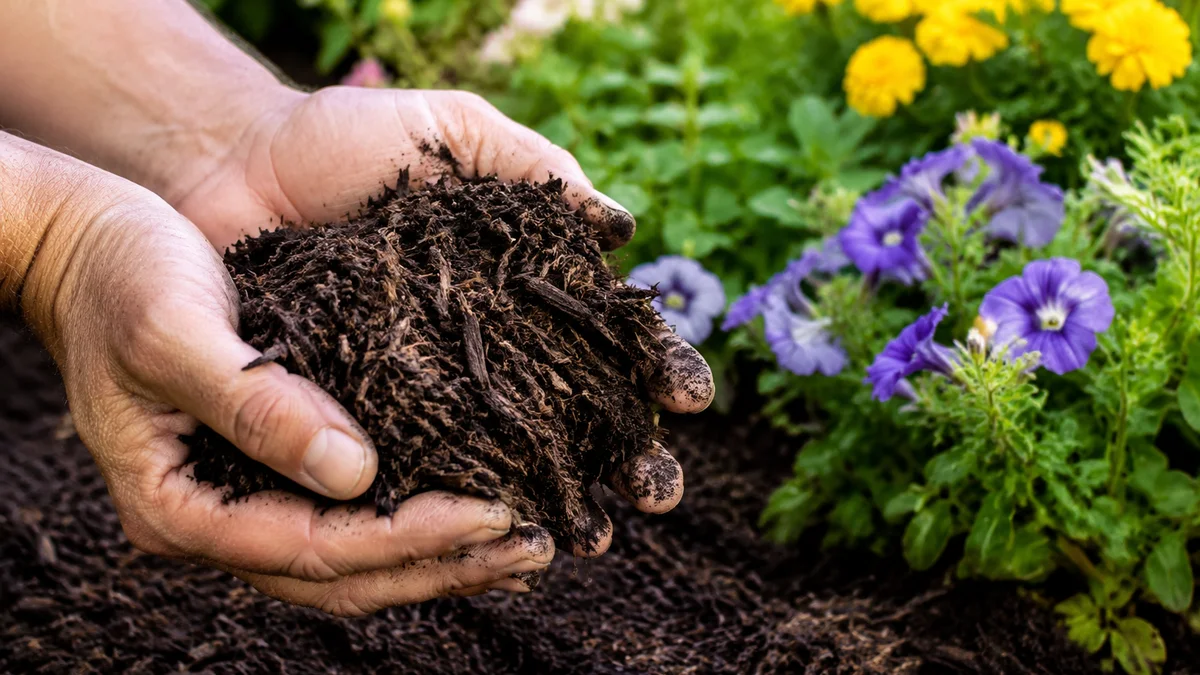 Hands holding rich garden mulch with a flower bed in the background.