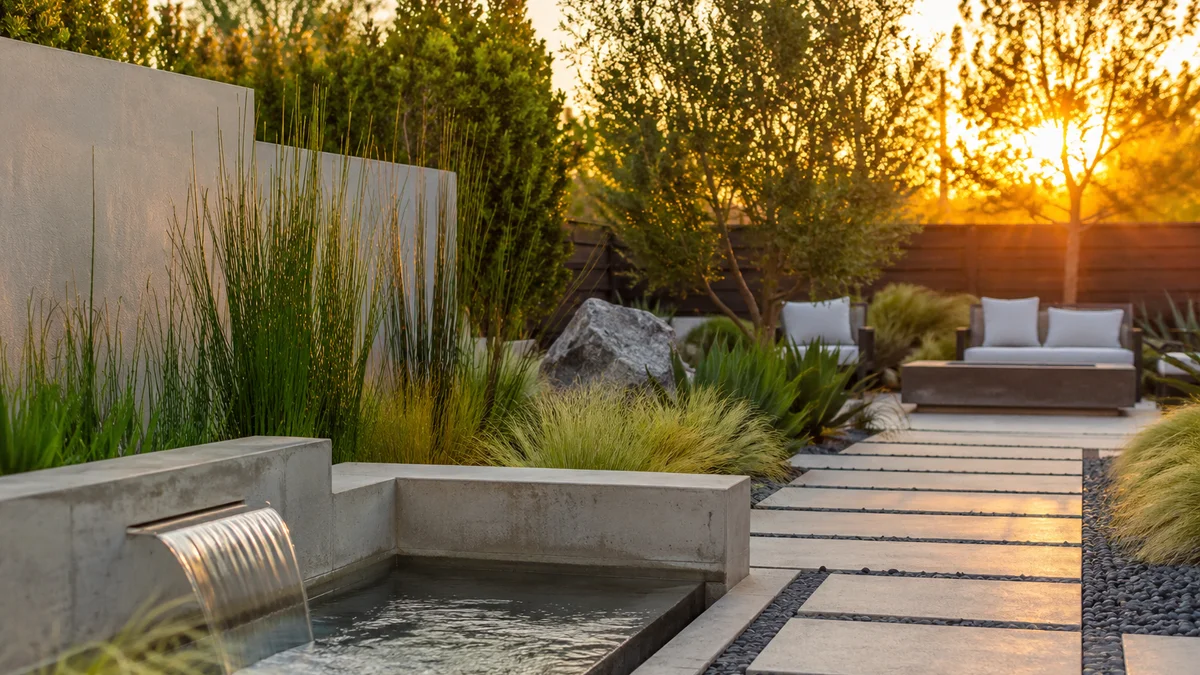 A modern backyard with concrete pavers and ornamental grasses at sunset.