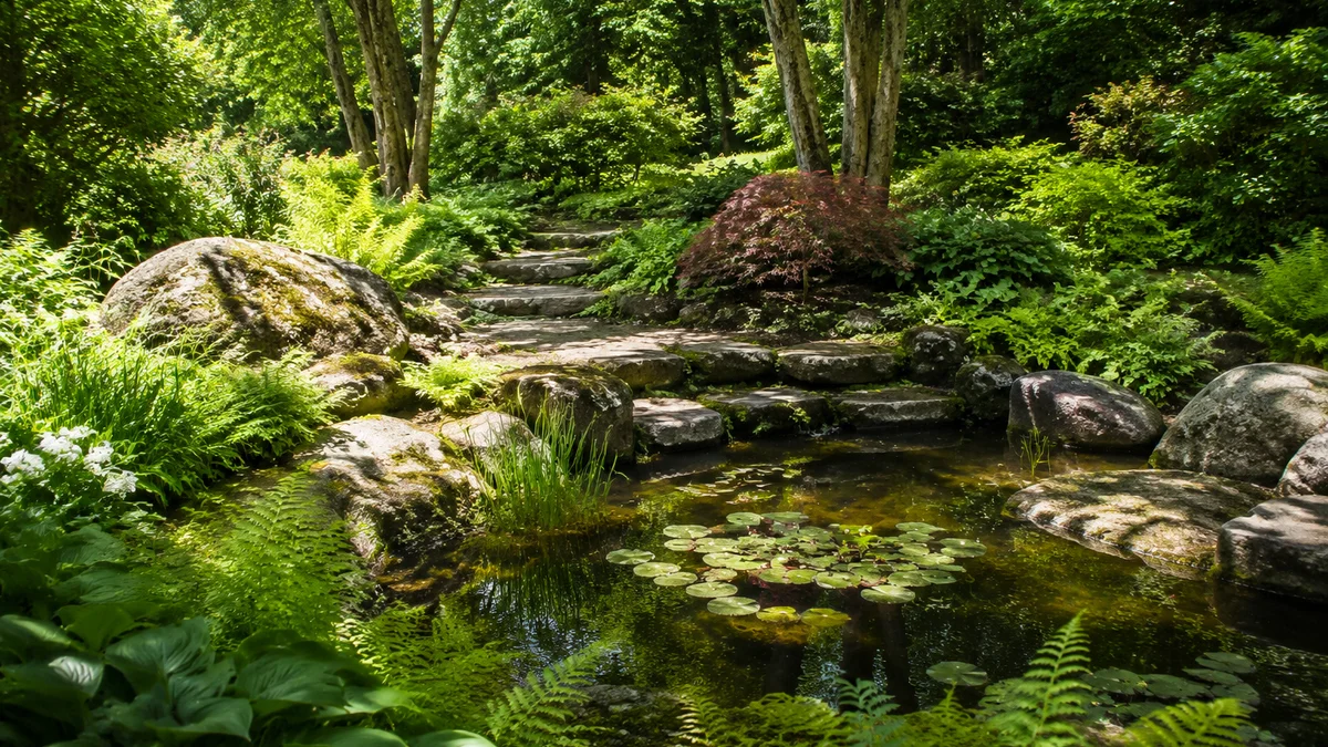 A garden oasis with native plants and a decorative pond.