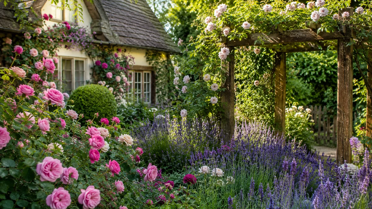 A traditional cottage garden with roses, lavender, and a wooden arbor in dappled sunlight.