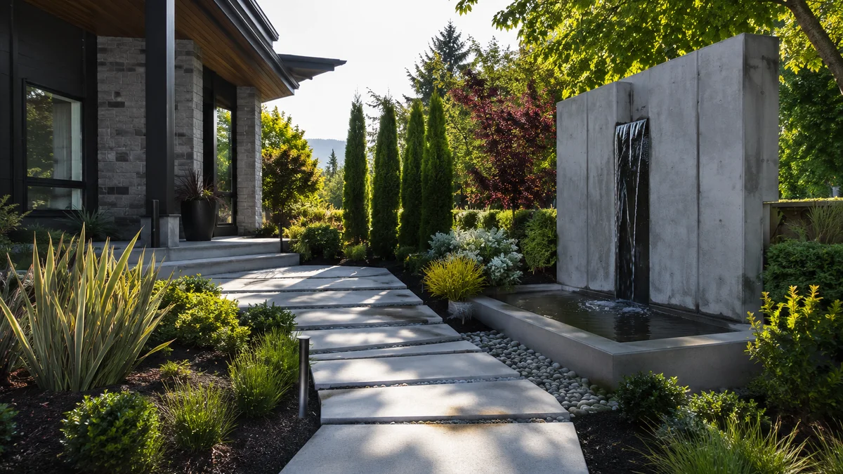 A modern front yard with concrete pavers, structural plants, and a minimalist water feature.