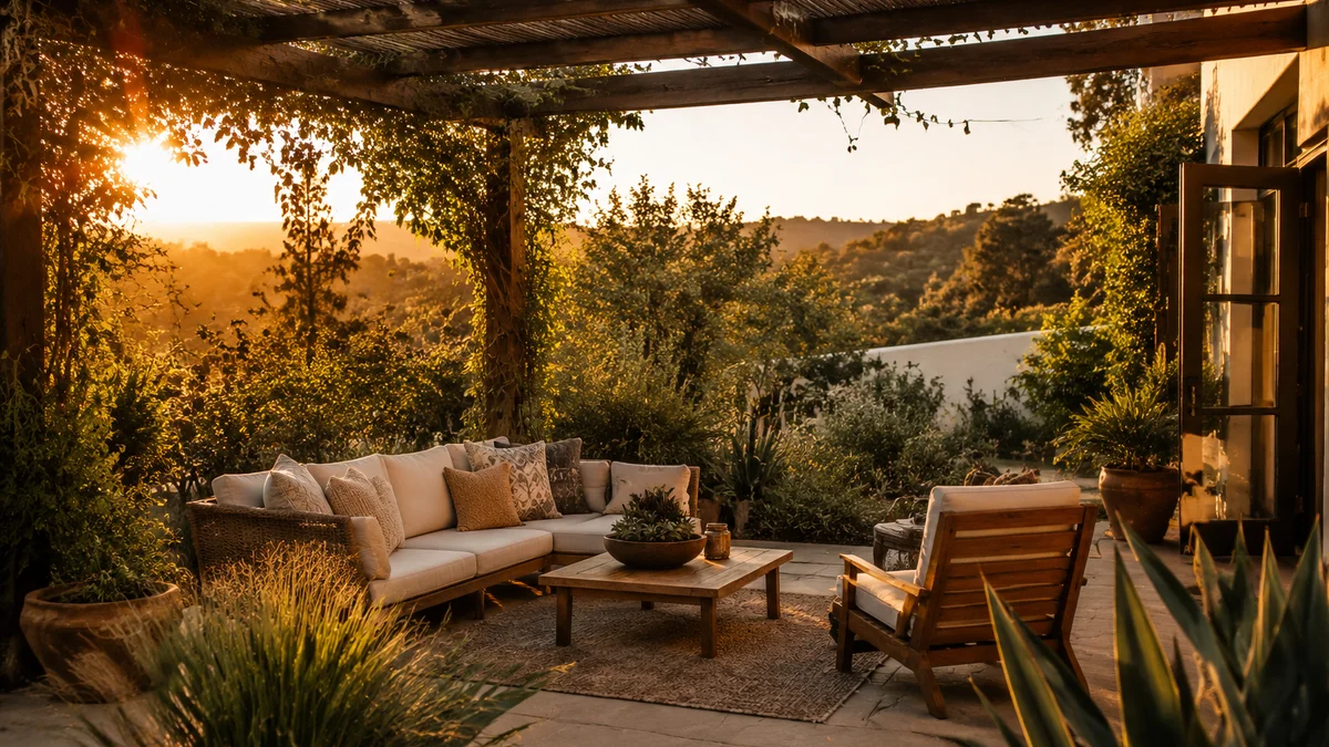 Cozy patio with native plants and pergola at sunset