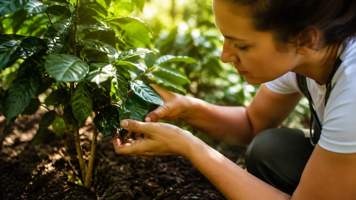Person assessing plant health in a garden with sunlight