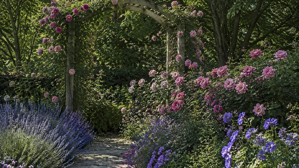Cottage-style garden with roses and a rustic arbor