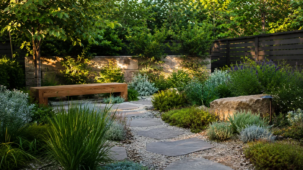 Minimalist backyard with native plants, stone pathway, and wooden bench