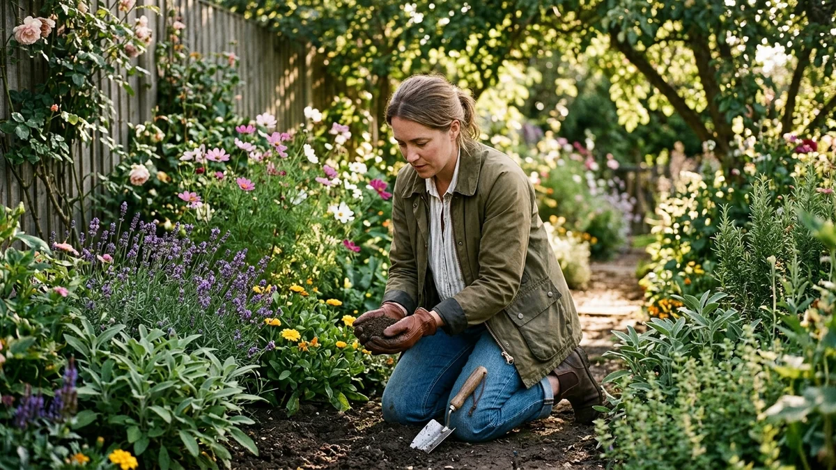 Person examining garden soil surrounded by healthy plants