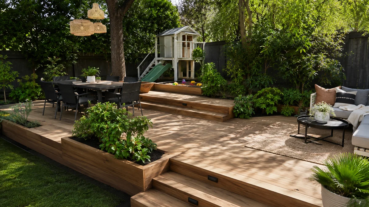 Small backyard with multi-level decking and distinct functional zones