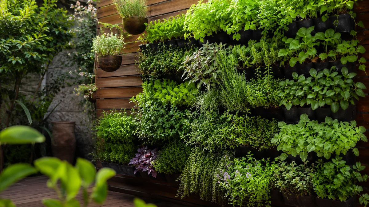 Vertical garden with herbs and ornamental plants on a backyard wall