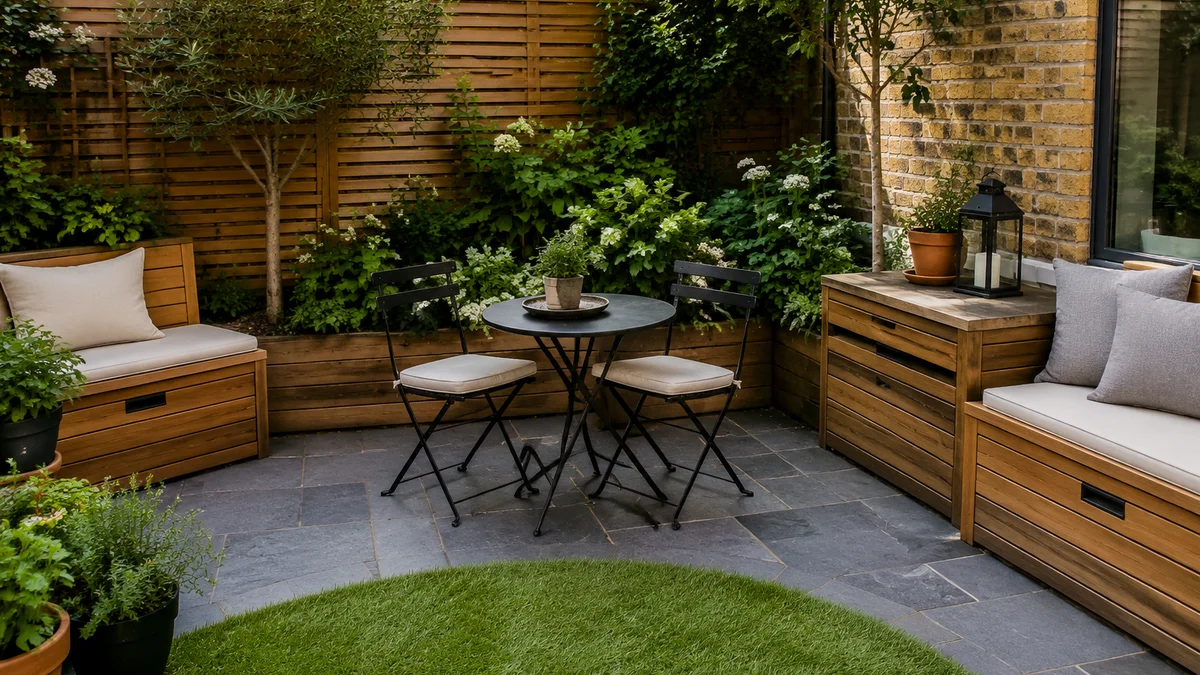 Stylish bistro set and multi-functional furniture in a small backyard